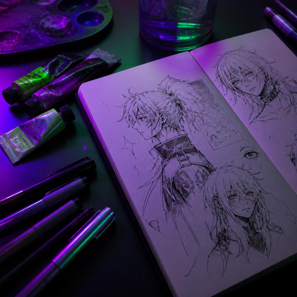 Sketchbook with original anime character drawings under neon purple and green light