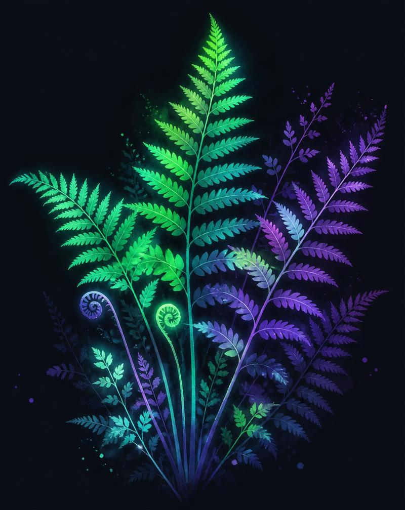 Bioluminescent Ferns — Watercolor + digital